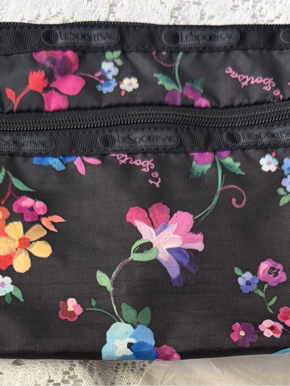 Lesportsac Black Floral Cosmetic Pouch with Multicolor Blooms